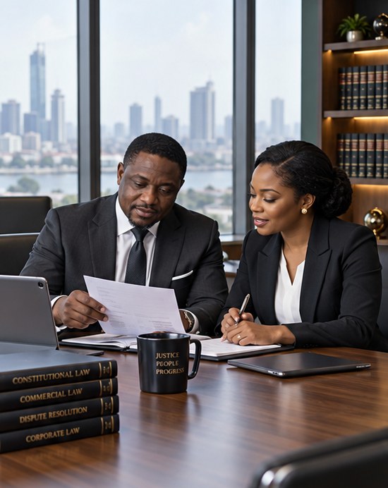 Two Nigerian lawyers reviewing documents in a modern boardroom in Lagos