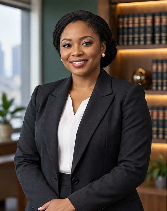 Portrait of the Associate Counsel, a Nigerian lawyer in a tailored blazer